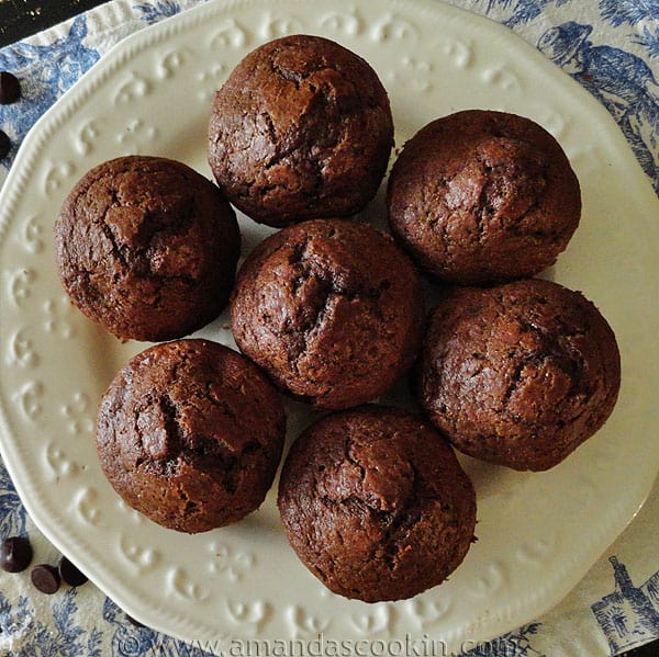 An overhead photo of copycat Starbuck\'s hot cocoa chocolate chip muffins on a white plate.