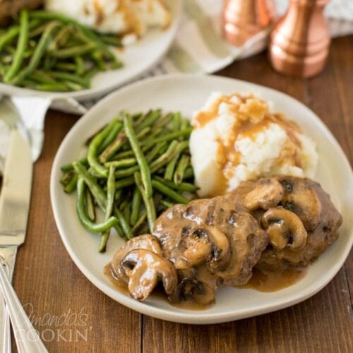 dinner plate with salisbury steaks and gravy