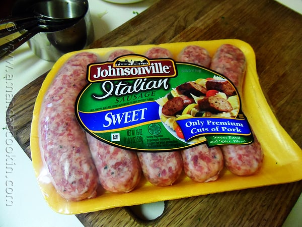 A photo of a package of Johnsonville sweet Italian sausages.