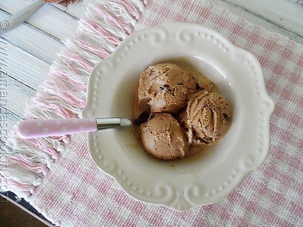 An overhead photo of three scoops of mocha chocolate chip ice cream in a white bowl with a spoon.