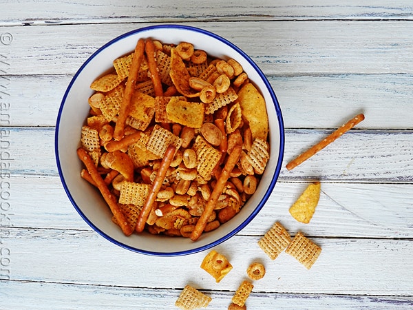 An overhead photo of a bowl of taco chex mix.