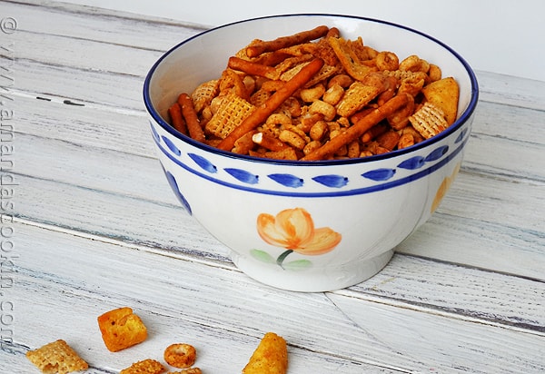 A photo of a bowl of taco chex mix.