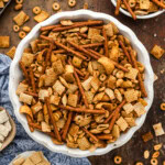 An overhead photo of a bowl of taco chex mix.
