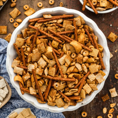 An overhead photo of a bowl of taco chex mix.