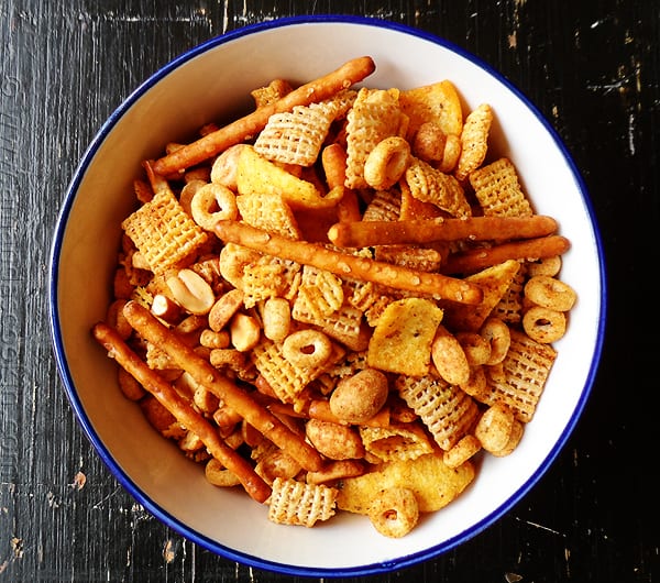 An overhead photo of a bowl of taco chex mix.