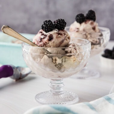 two dishes of jam ice cream garnished with blackberries