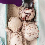 loaf pan with scoops of jam ice cream