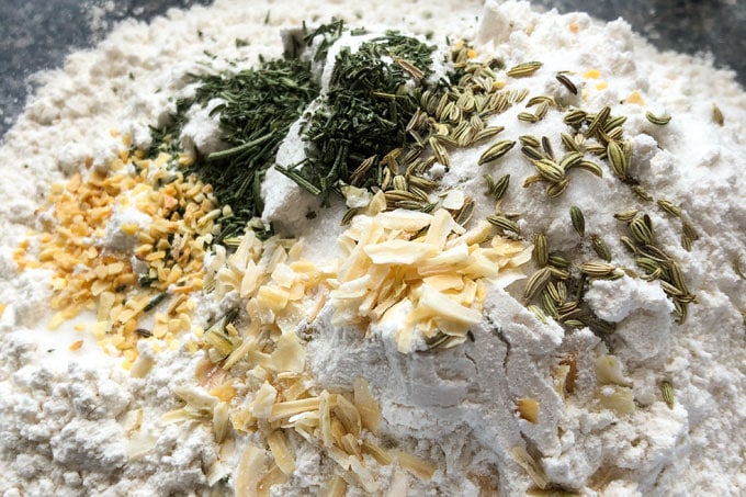 flour with herbs and spices sprinkled on top