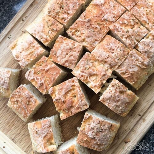 squares of peasant bread on cutting board