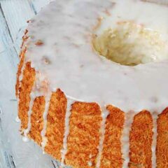 A close up photo of a homemade angel food cake.