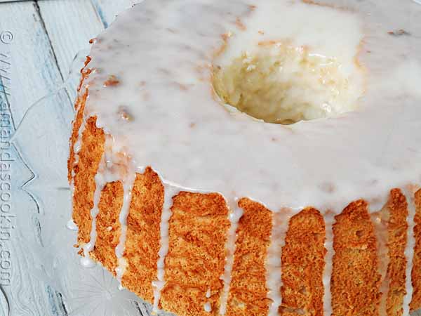 A close up photo of a homemade angel food cake.