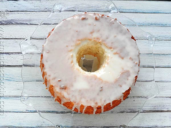 An overhead photo of a homemade angel food cake.