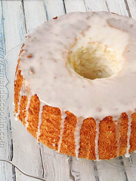 A close up photo of a homemade angel food cake.