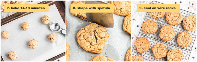 step photos showing cookie dough on baking sheet and cooling racks