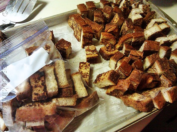 A close up photo of homemade freezer French toast sticks.