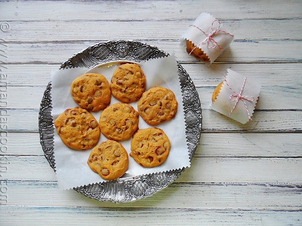 An overhead photo of a plate of pumpkin cinnamon chip cookies.