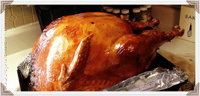 A close up photo of a cooked turkey.