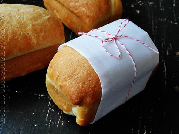 A photo of a wrapped Amish white bread mini loaf.