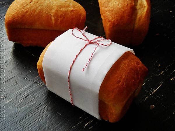 A photo of a wrapped Amish white bread mini loaf.