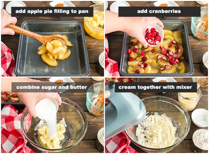 steps showing how to assemble apple cranberry crisp