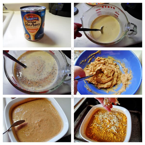 Photos of the steps to make creamy con queso bean dip.