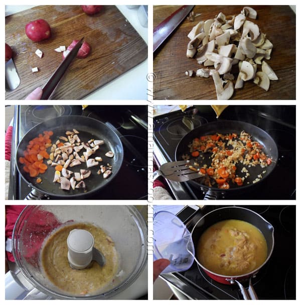 Photos of the steps to make rustic garlic potato soup.