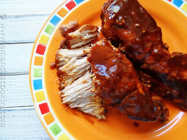 An overhead photo of slow cooker barbecued country style ribs on a plate.