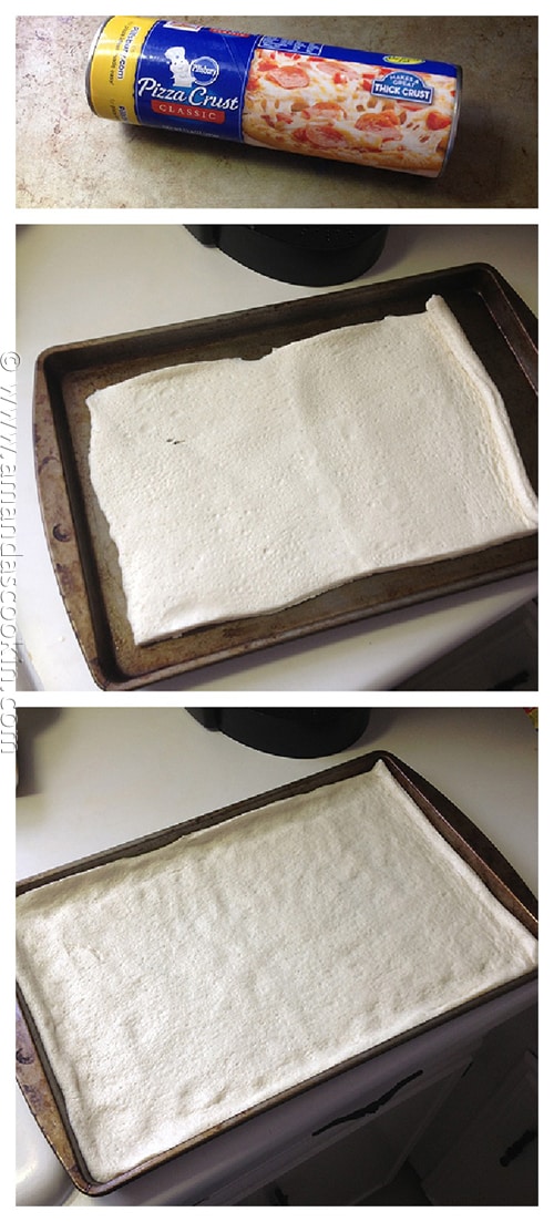 A photo of a can of Pillsbury pizza crust and photos of the pizza crust spread out on a baking sheet.