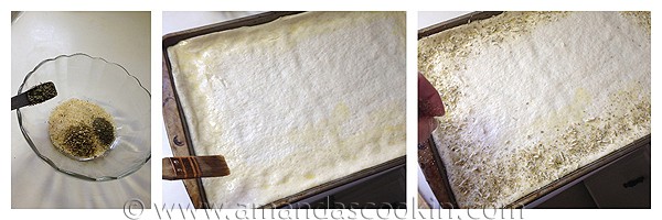 Photos of the steps of adding the garlic salt mixture to the pizza crust.