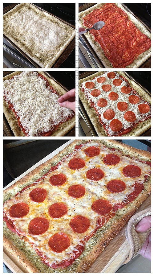 Photos of the steps of making a garlic bread crusted classic pizza.