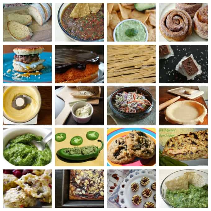 A photo of different recipes that use a food processor.