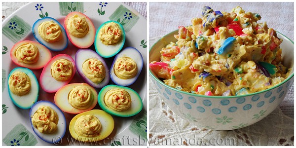 An overhead photo of rainbow deviled eggs on a platter and a photo of rainbow egg salad in a bowl.