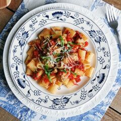 An overhead of a plate of spiced chicken and mezzi rigatoni topped with grated Parmigiano-Reggiano cheese and fresh basil.