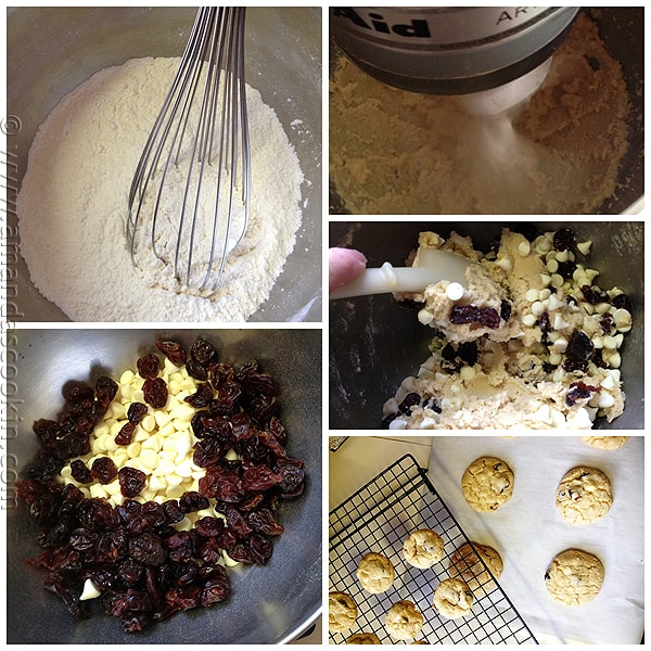 Photos of the steps to make cherry white chocolate chip cookies.