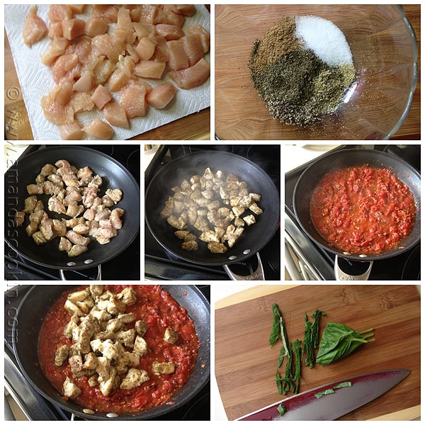 Photos of the steps to make spiced chicken and mezzi rigatoni.