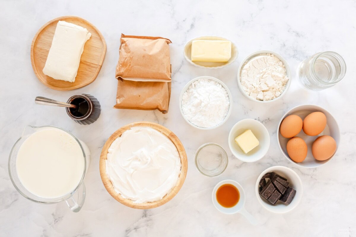 ingredients for Cream Puff Chocolate Eclair Cake