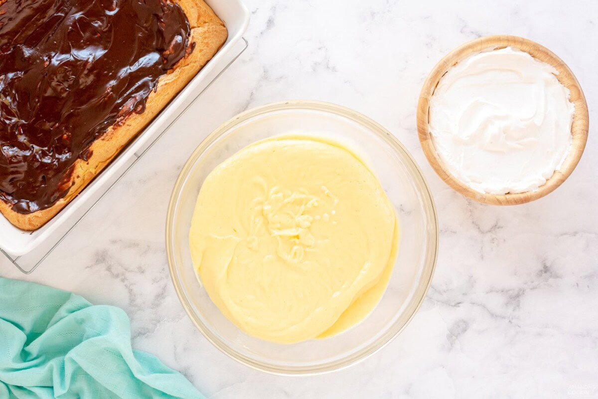 cream cheese and pudding mixture in a bowl