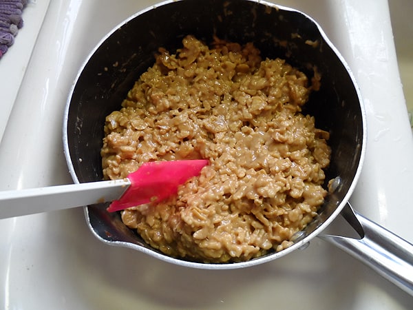 A photo of a saucepan of sugar, corn syrup, peanut butter, rice and corn cereal mixed together.