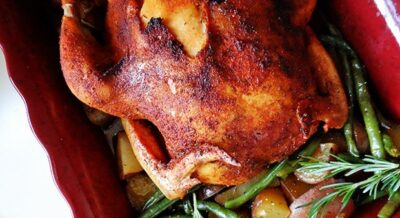 Sticky Chicken: slow roasted and served alongside savory vegetables