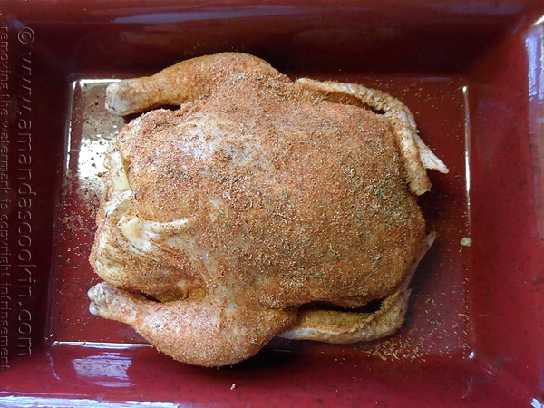 An overhead photo of a raw chicken covered in spice mixture in a roasting pan.