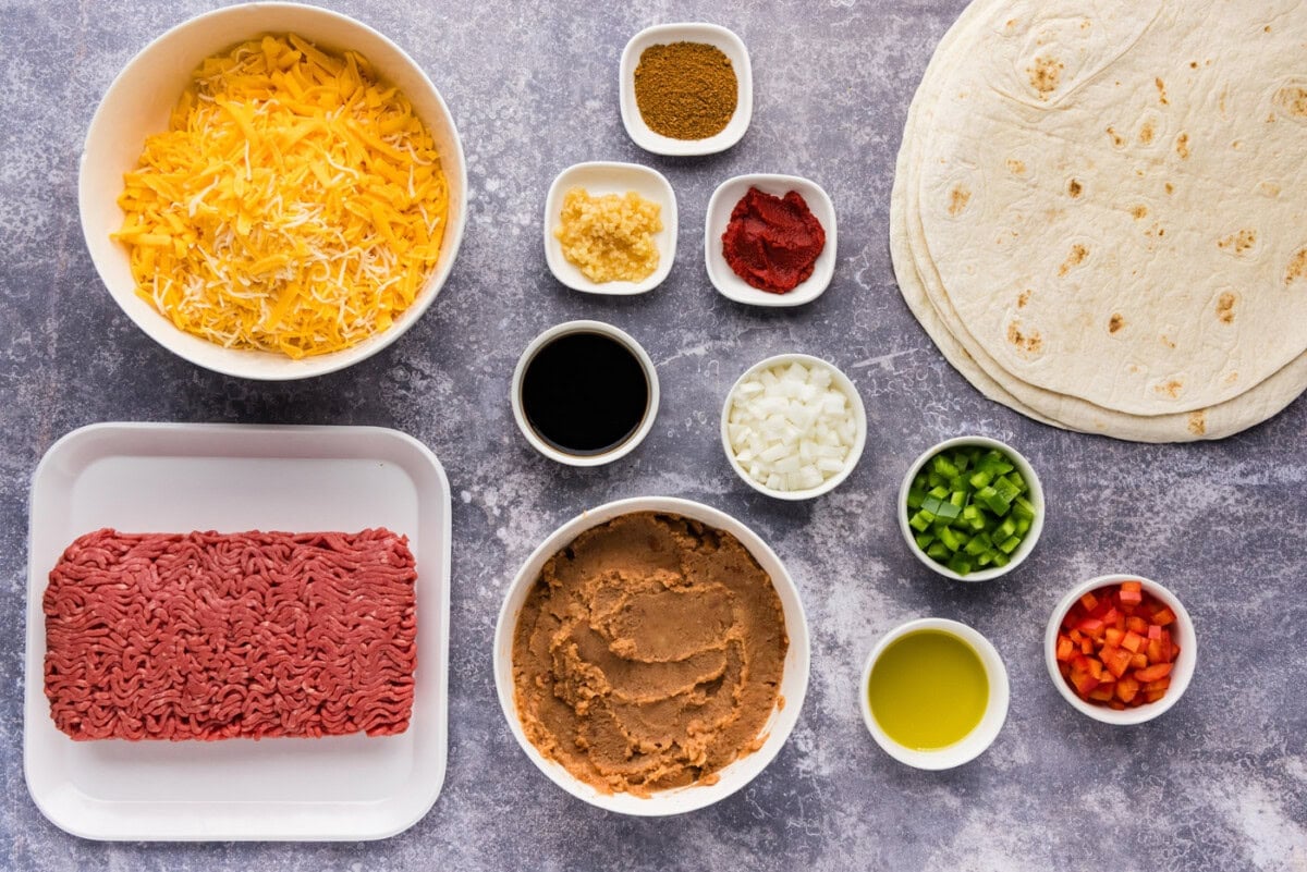 ingredients to make beef and bean quesadillas