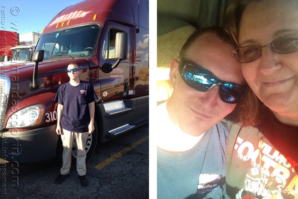 A photo of Amanda and her oldest son Tony and another photo of Tony standing next to his semi truck.