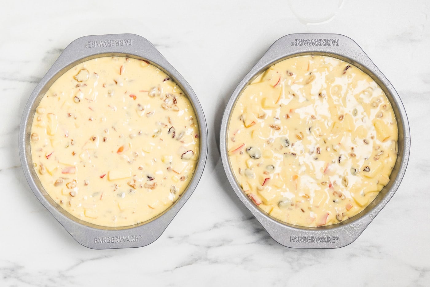 merryfield apple cake batter in 2 round cake pans