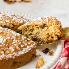 slice of apple cake being removed with spatula