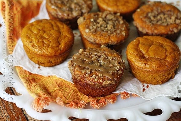 A close up photo of pumpkin mini cakes with cinnamon streusel topping.