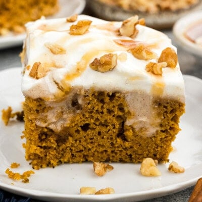 slice of pumpkin pudding poke cake