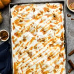 overhead view unsliced pumpkin pudding poke cake