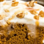 slice of pumpkin pudding poke cake close up