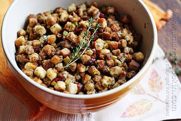 A bowl of stuffing with parsley, sage, rosemary and thyme.