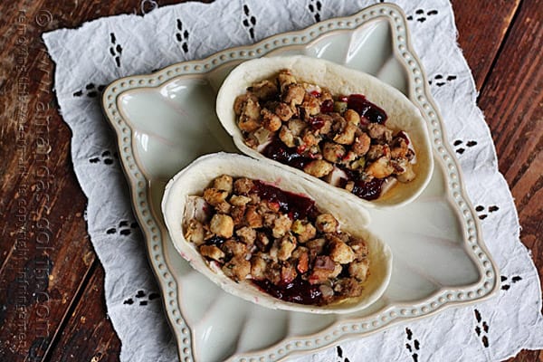 An overhead photo of turkey, cranberry and stuffing pockets.